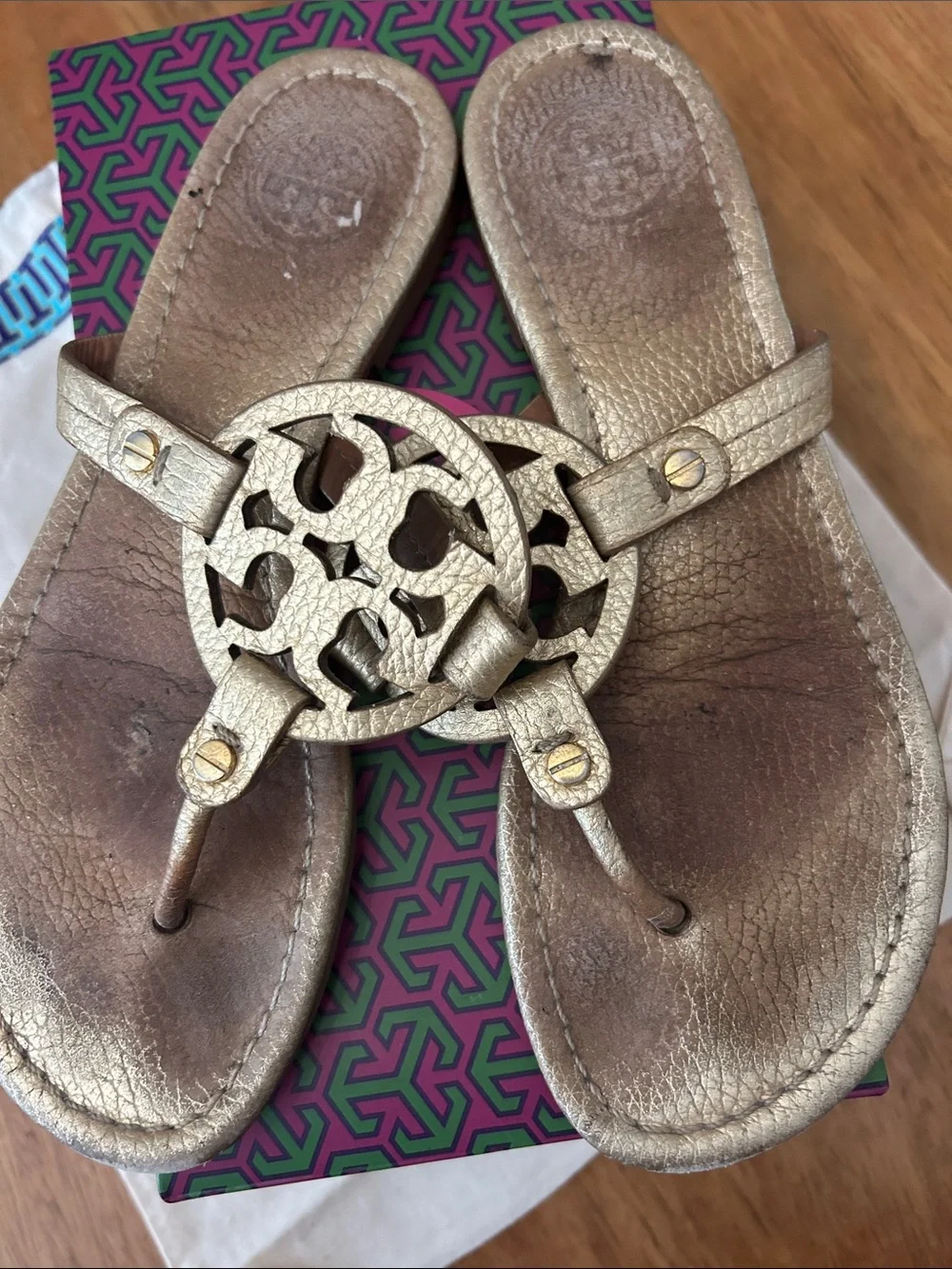 Tory Burch Metallic Gold Miller Logo Thong Sandals